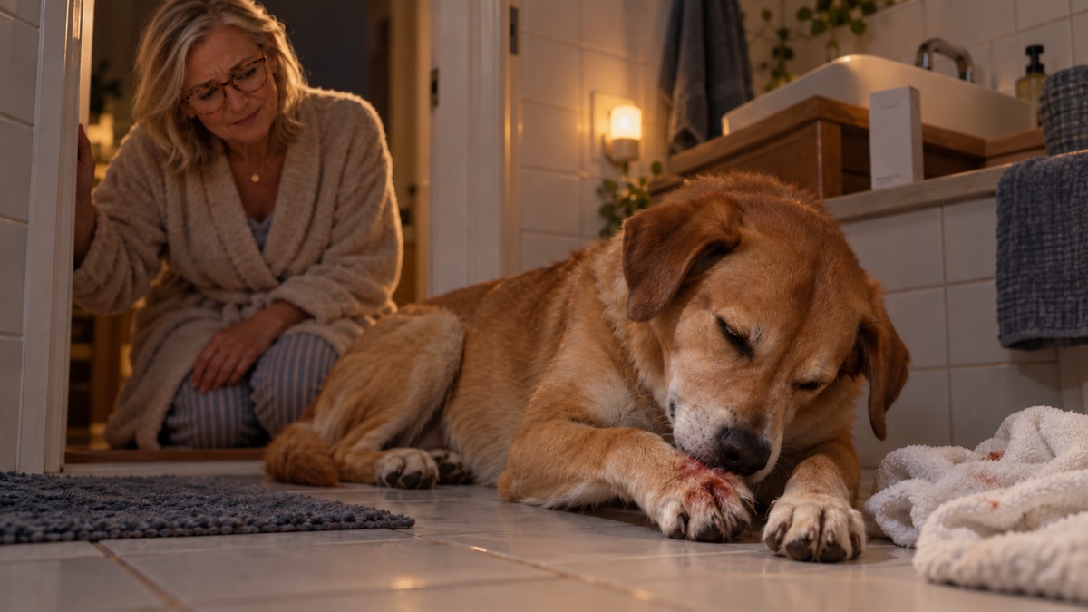 A dog chewing its paw at night