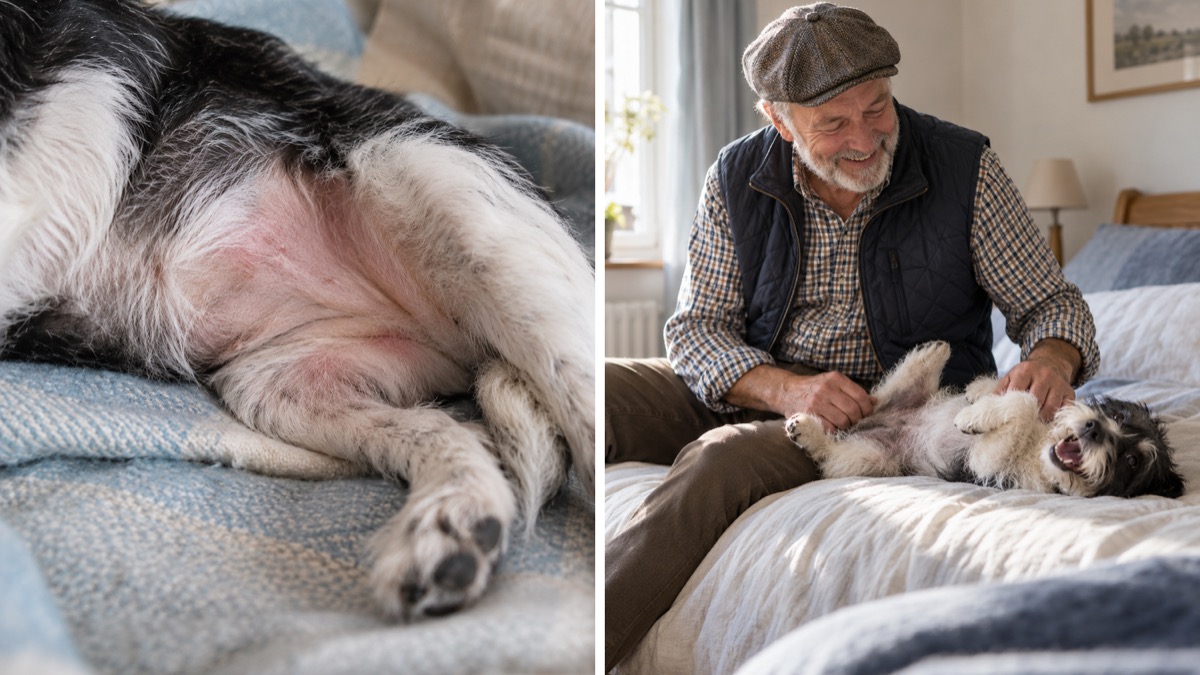 Before and after: a dog scratching, then asleep and comfortable