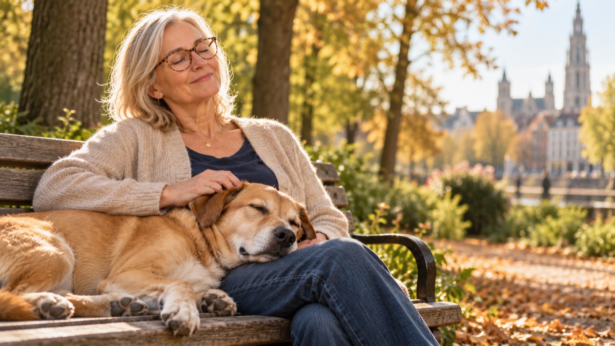 An owner giving her dog a chew